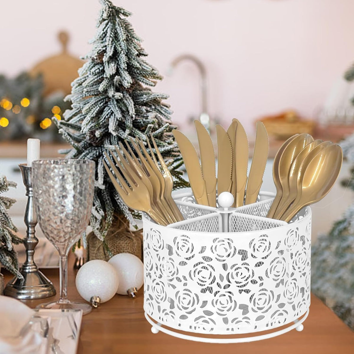 DysanVica Rotating Metal Silverware Caddy - Utensil Holder Countertop White