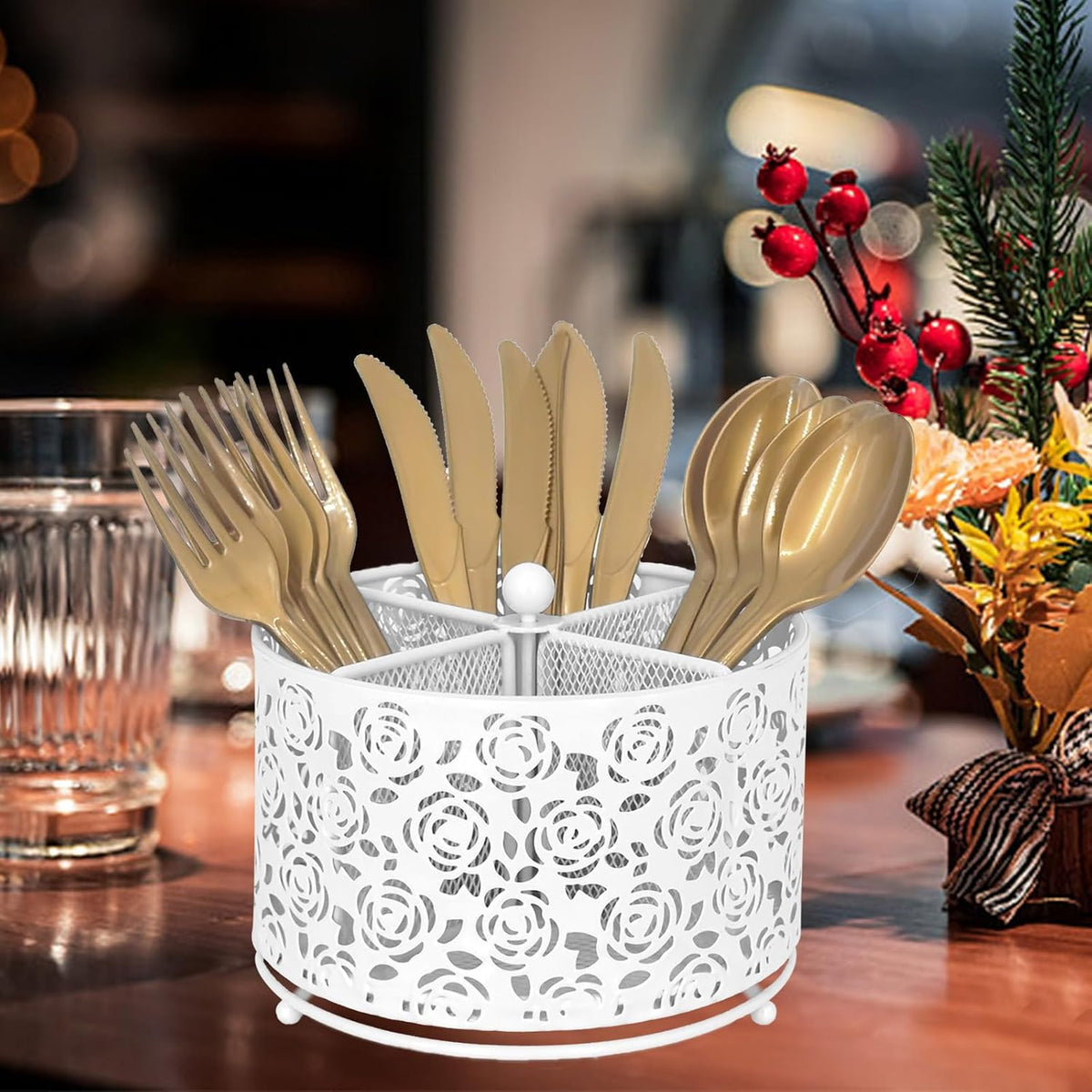 DysanVica Rotating Metal Silverware Caddy - Utensil Holder Countertop White