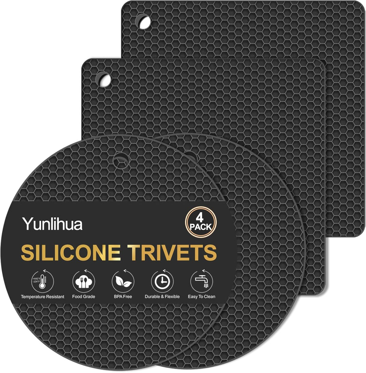 4 PCS Silicone Trivets for Hot Pots and Pans, Hot Dishers, Heat Resistant Pot Holders for Kitchen, Multipurpose Non-Slip Hot Pads Mats Coasters for Kitchen Countertop Protector, Table, Black