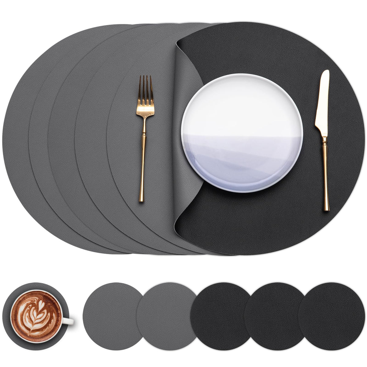 Myir JUN 15 Inches Round Placemats Set of 6 Faux Leather Place Mats
