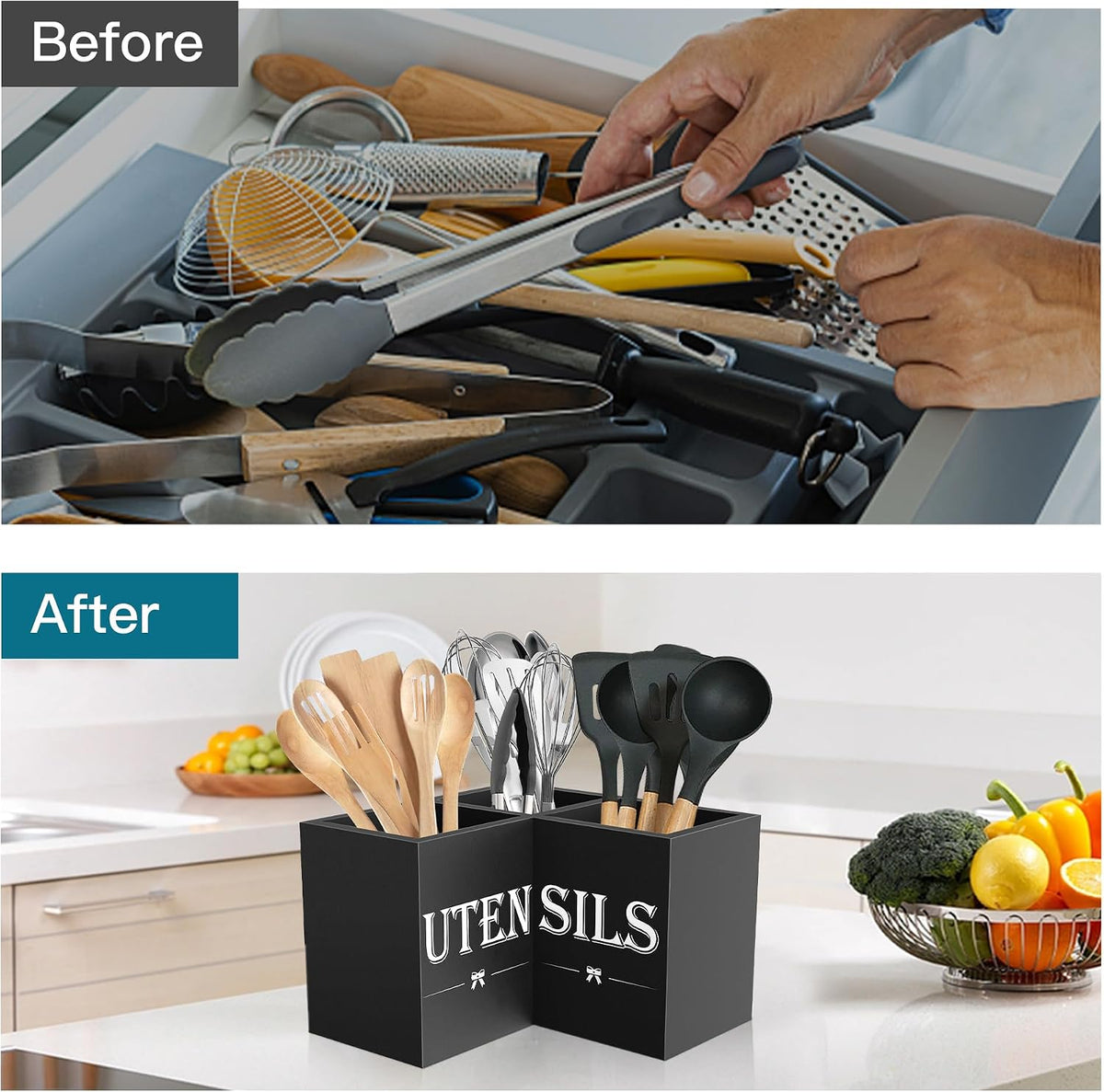 Suli Extra Large Utensil Holder Countertop for Kitchen Counter,Wood,Black