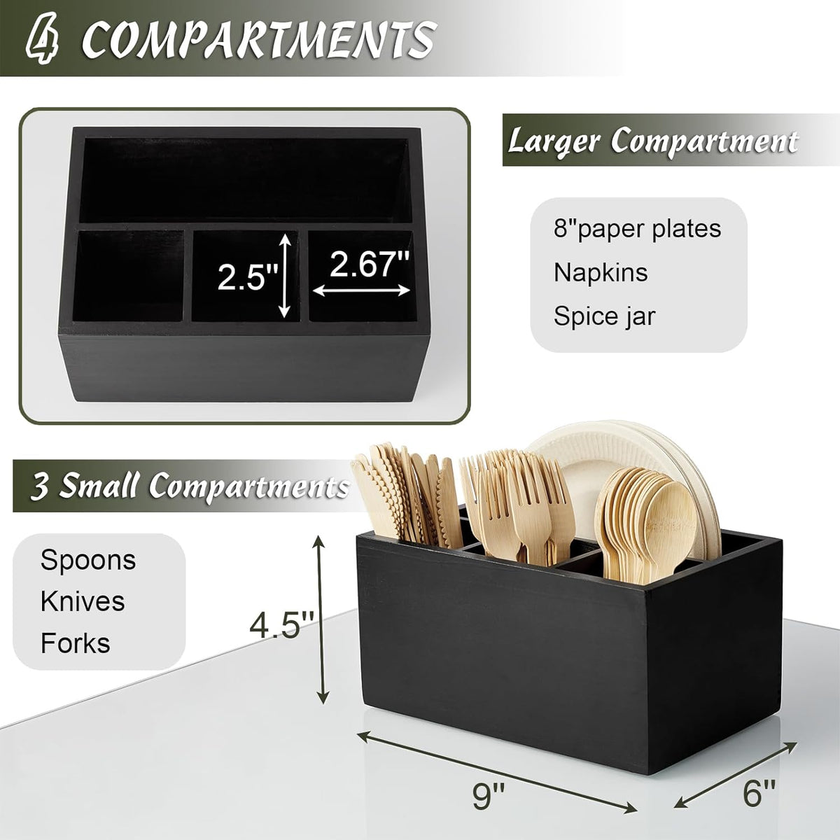 DRASTAR Silverware Caddy, Wooden Utensil Holder, Picnic Cutlery Holder, Black Silverware Holder, Plastic Silverware Caddy for Party, Countertop, Camping