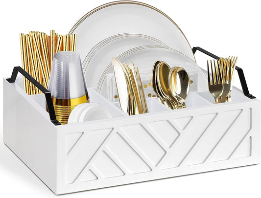 Ukonvi Paper Plate Dispenser and Holder for Kitchen Counter, Wood Rustic Silverware Utensil Caddy, Cutlery Flatware Organizer Box for Cups Spoons Forks Napkins, Kitchen Accessories