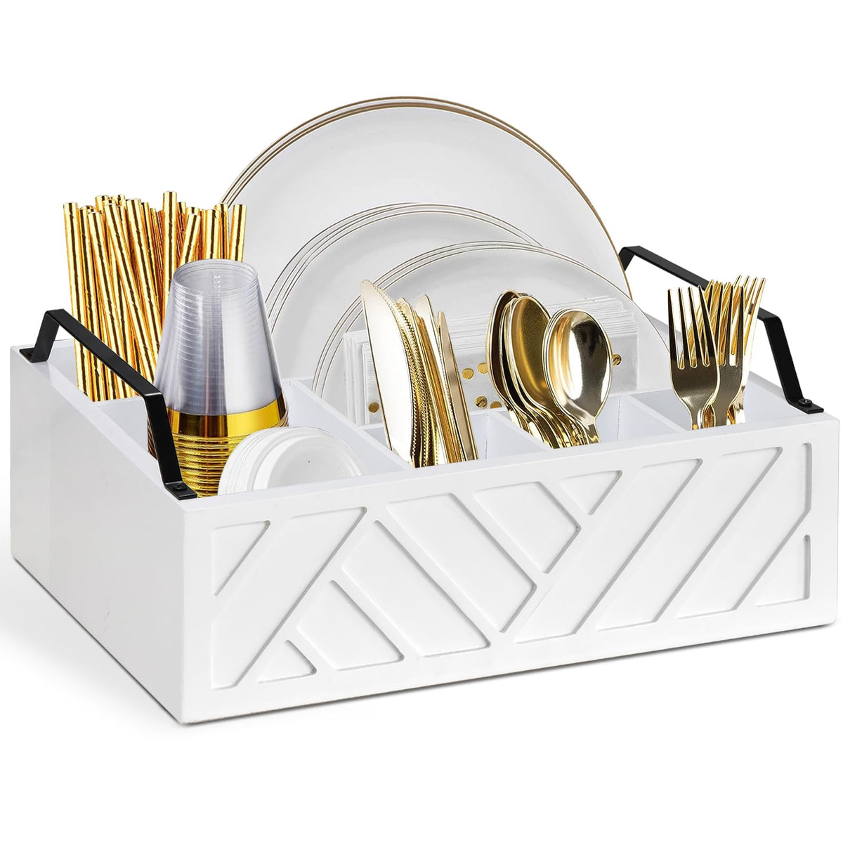 Ukonvi Paper Plate Dispenser and Holder for Kitchen Counter, Wood Rustic Silverware Utensil Caddy, Cutlery Flatware Organizer Box for Cups Spoons Forks Napkins, Kitchen Accessories