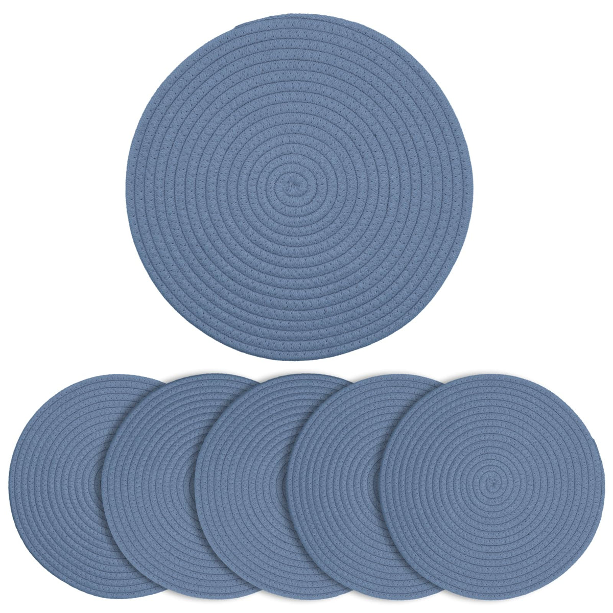 Round Woven Cotton Placemats Set of 4, Thick Braided Rope Table Mats, 13 Inches Non Slip Heat Resistant Place Mats, Farmhouse Boho Circular Hot Pads for Kitchen, Dining Table Decor (Blue 4 pcs)
