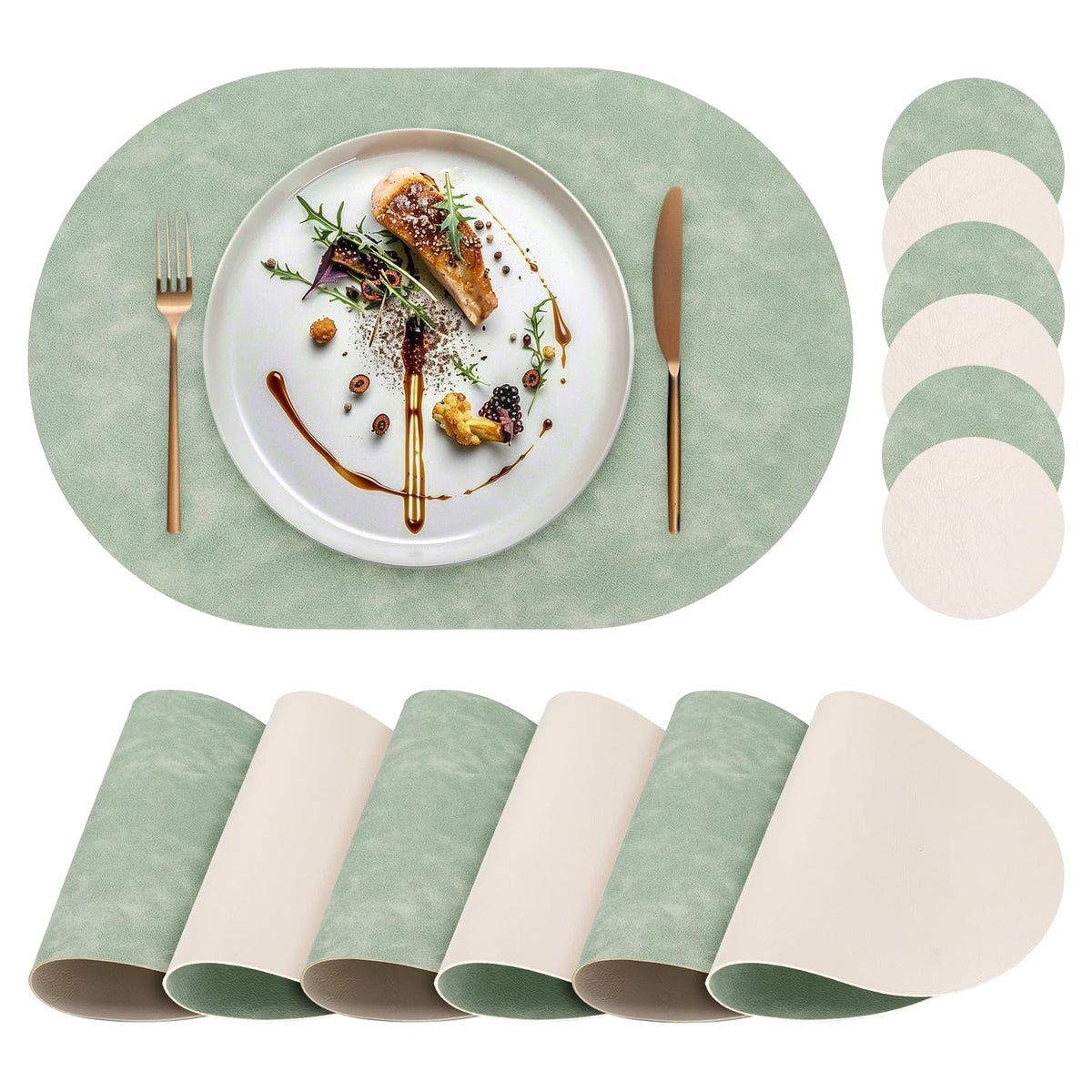 Faux Leather Placemats Set of 4 with Matching Coasters, Heat Resistant PU Oval Placemats, Waterproof Wipeable Washable Place Mats, Non-Slip Table Placemats for Dining Table Kitchen Patio