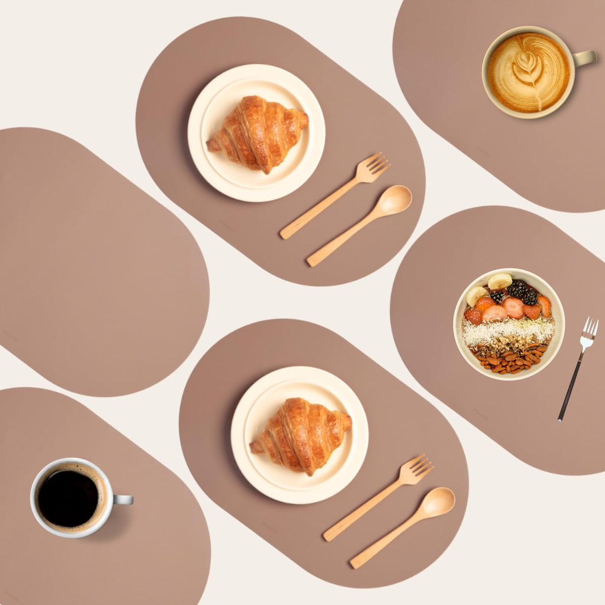 Oval Silicone Placemats – Heat Resistant, Waterproof, Easy to Clean Non-Slip Modern Dining Table Mats – Premium Leather Textured Japandi Kitchen Decor, Chifon Beige, 4, Without Coasters