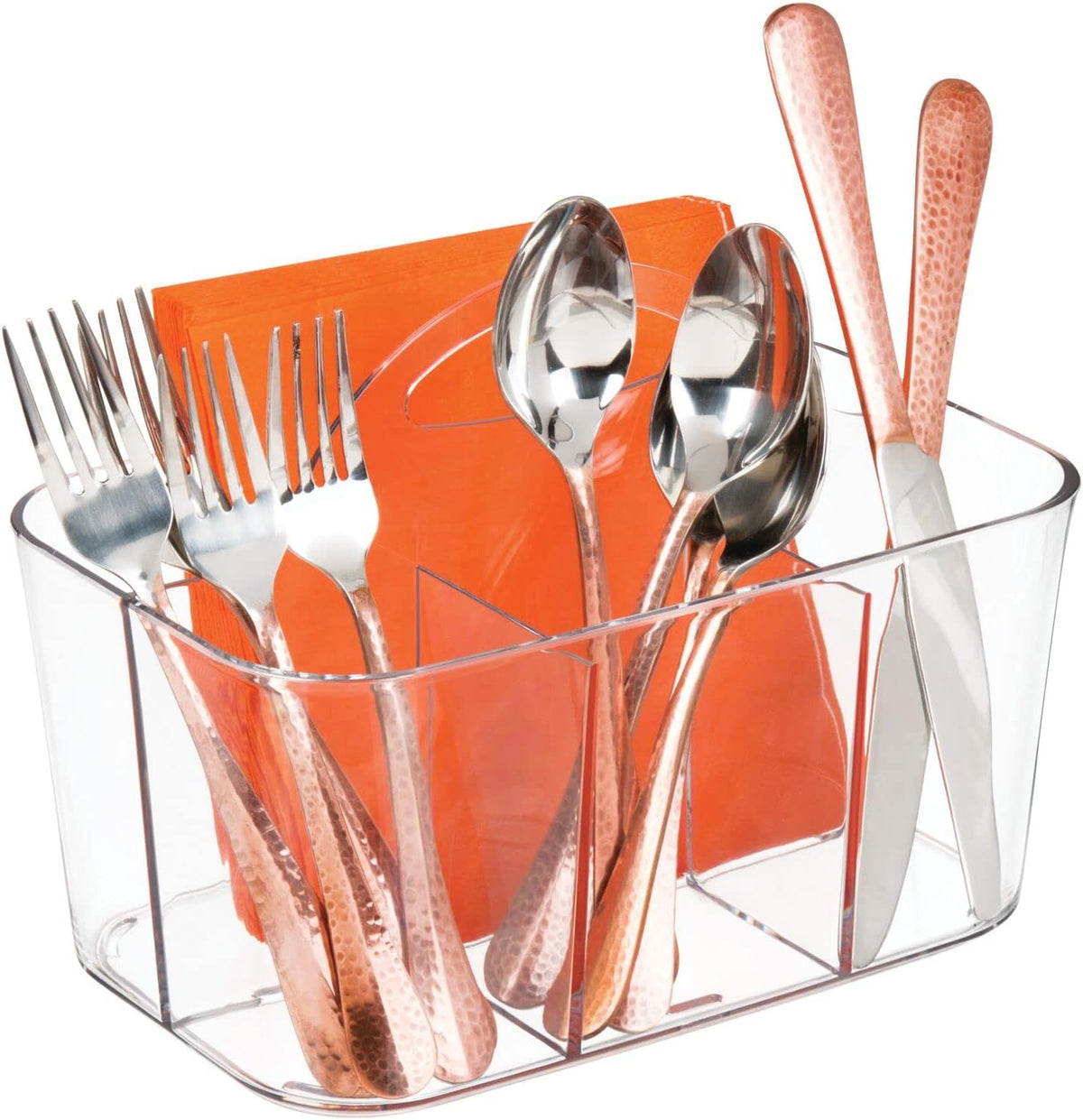 mDesign Plastic Cutlery Storage Organizer Caddy Bin Tote with Handle - Kitchen Cabinet Divided Pantry Basket for Forks, Knives, Spoons, Napkins, Indoor/Outdoor Use, Lumiere Collection, Clear