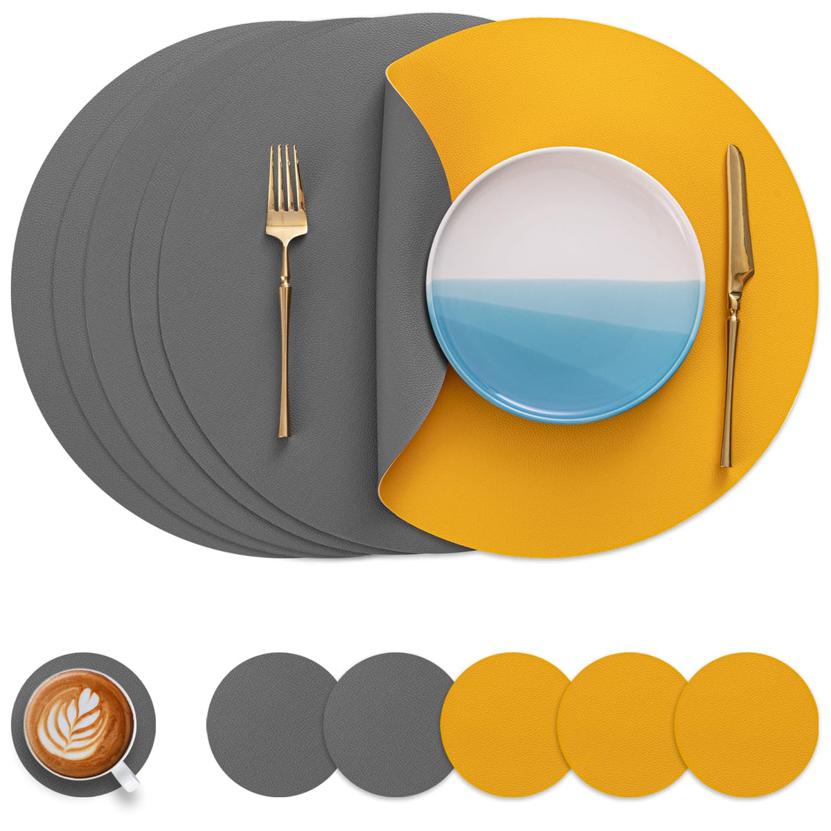 Myir JUN 15 Inches Round Placemats Set of 6 Faux Leather Place Mats