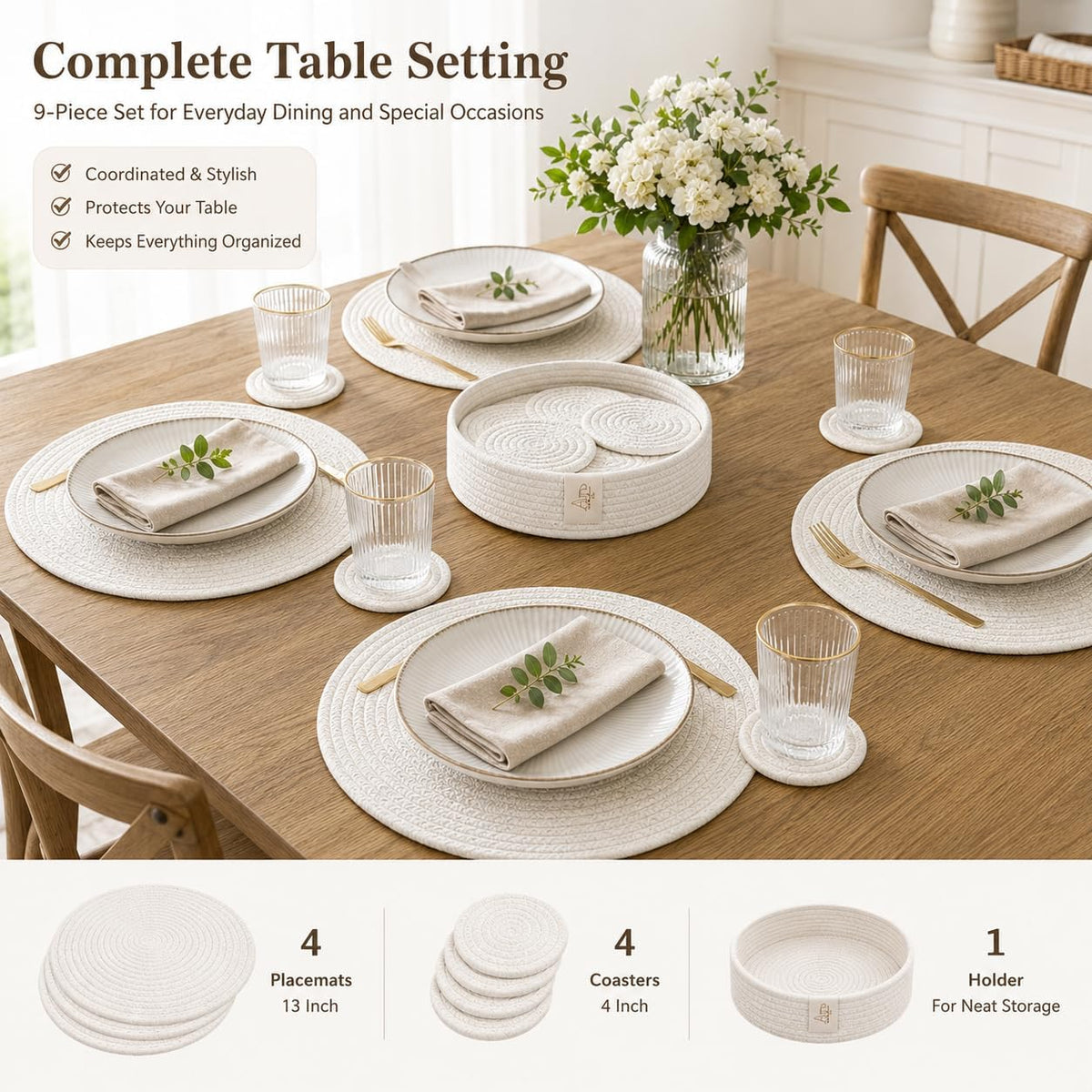 9-Piece Cotton Rope Placemats, Coasters & Holder, Off White