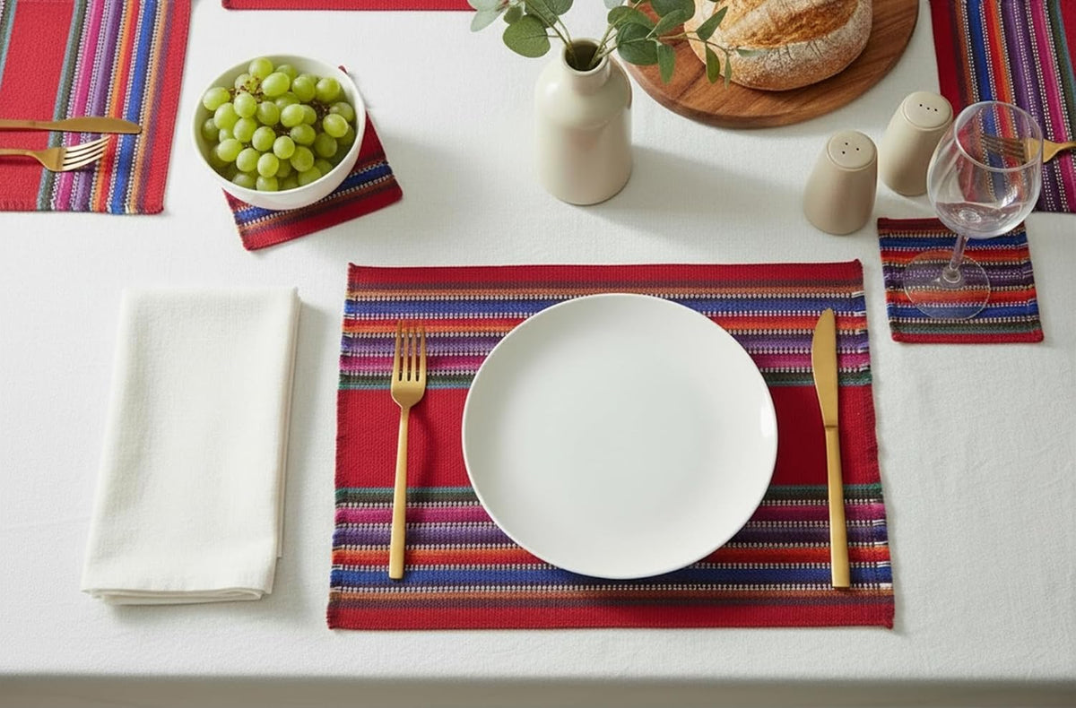 Set of 12 Handwoven Mexican Placemats and Coasters, 6 Cotton Placemats (11 x 15 in) with 6 Matching Drink Coasters, Vibrant Striped Dining Table Decor (Red)