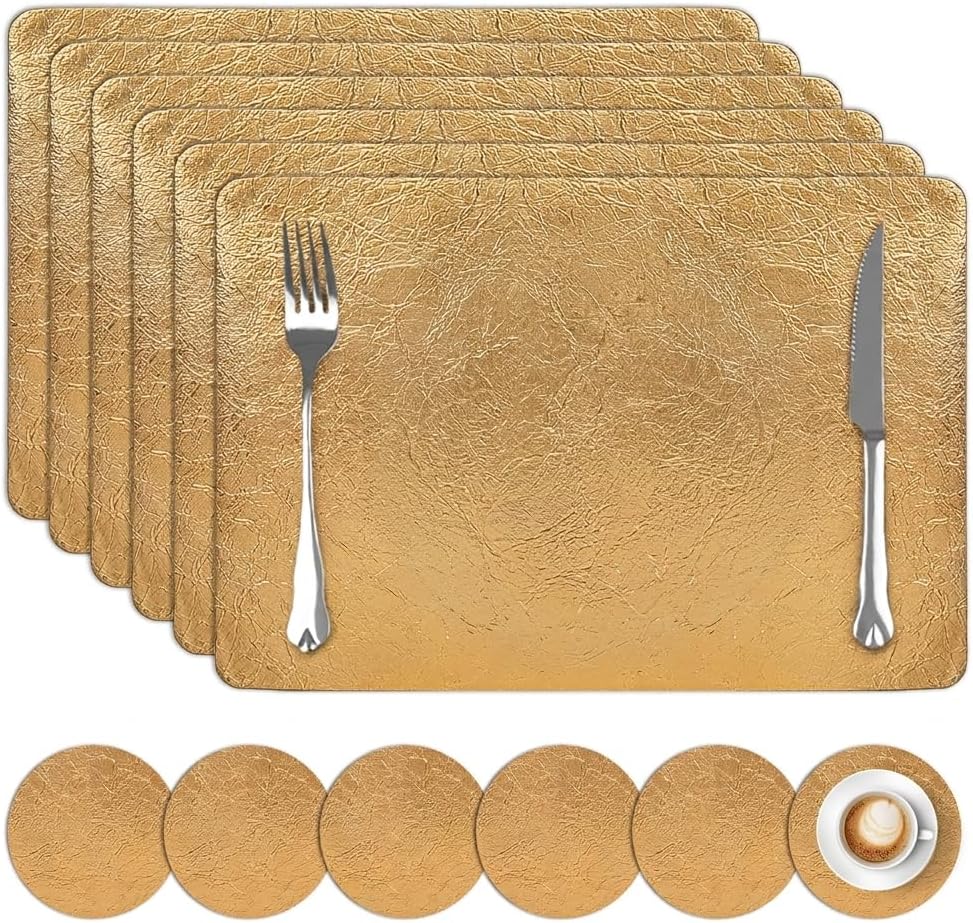 comfoyar Faux Leather Placemats Set of 6 with Coasters, 12x17inch Non-Slip Heat Resistant Dual-Sided Gold Crackled Place Mats, Washable Waterproof Table Mats for Kitchen Dining Party Table Decoration