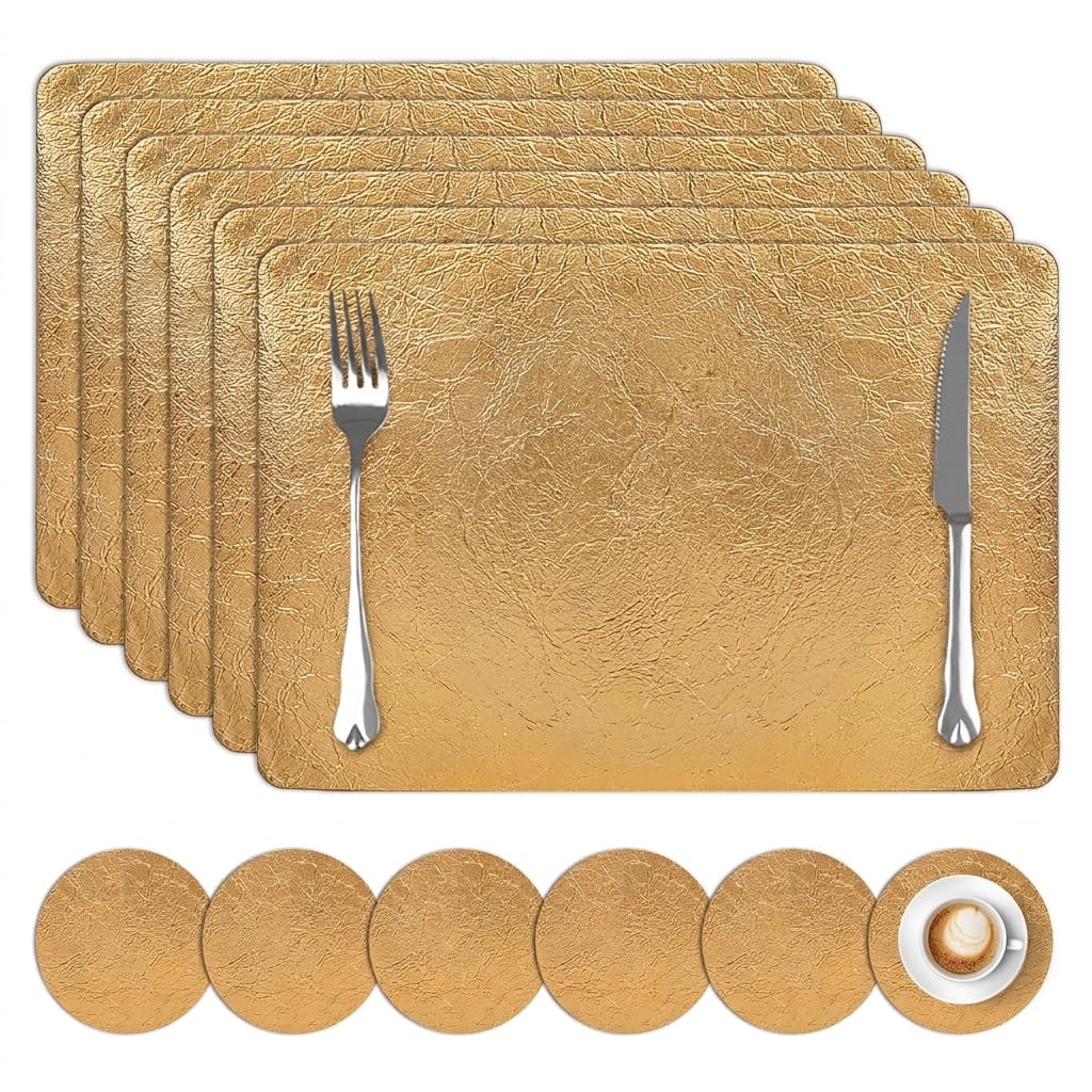 comfoyar Faux Leather Placemats Set of 6 with Coasters, 12x17inch Non-Slip Heat Resistant Dual-Sided Gold Crackled Place Mats, Washable Waterproof Table Mats for Kitchen Dining Party Table Decoration