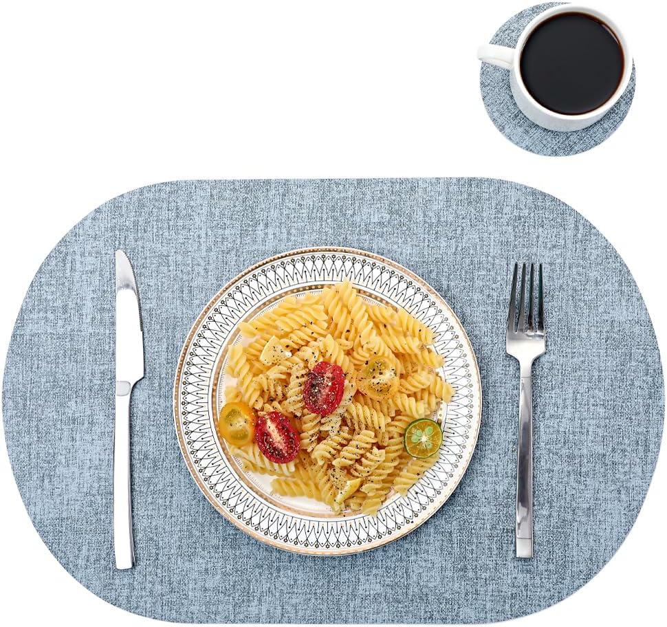 Oval Table Mats Set of 6, Faux Leather Placemats, Heat Resistant & Waterproof(Blue)