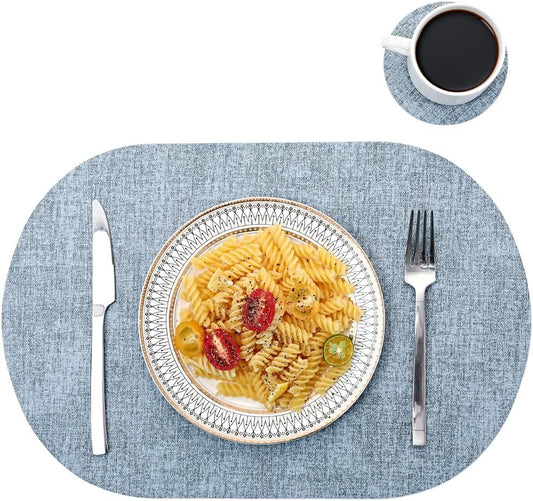 Oval Table Mats Set of 6, Faux Leather Placemats, Heat Resistant & Waterproof(Blue)