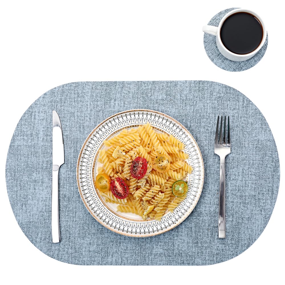Oval Table Mats Set of 6, Faux Leather Placemats, Heat Resistant & Waterproof(Blue)