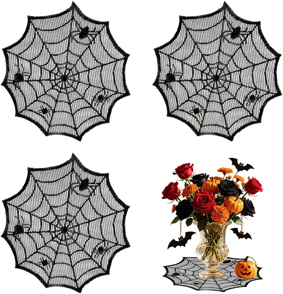 4 Pcs Halloween Spider Wed Placemats 12inch Black Round Lace Gothic Table Mats Hollow Out Spiderweb Coasters for Halloween Kitchen Table Decoration