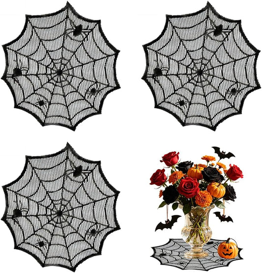 4 Pcs Halloween Spider Wed Placemats 12inch Black Round Lace Gothic Table Mats Hollow Out Spiderweb Coasters for Halloween Kitchen Table Decoration