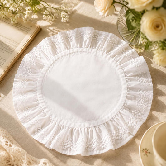 Set of 6 White Ruffled Round Placemat, Lace Embroidered Place Mat, 15.7''