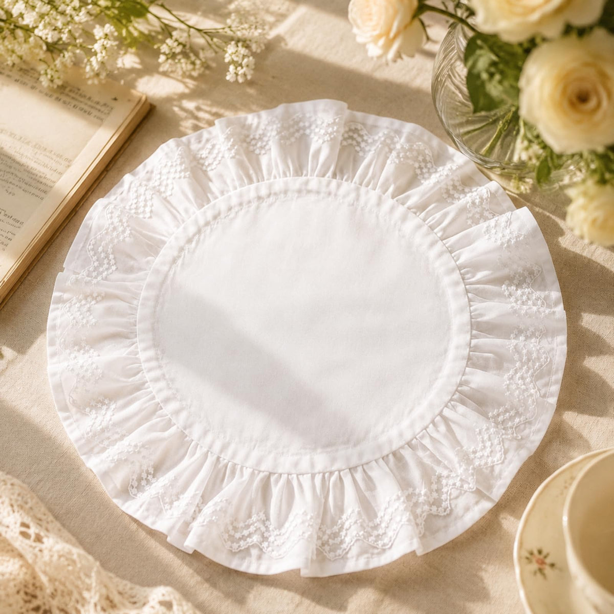 Set of 6 White Ruffled Round Placemat, Lace Embroidered Place Mat, 15.7''