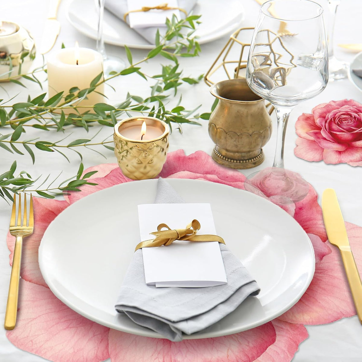 Geosar 200 Pcs Pink Floral Paper Placemats and Coasters Rose Flower Design