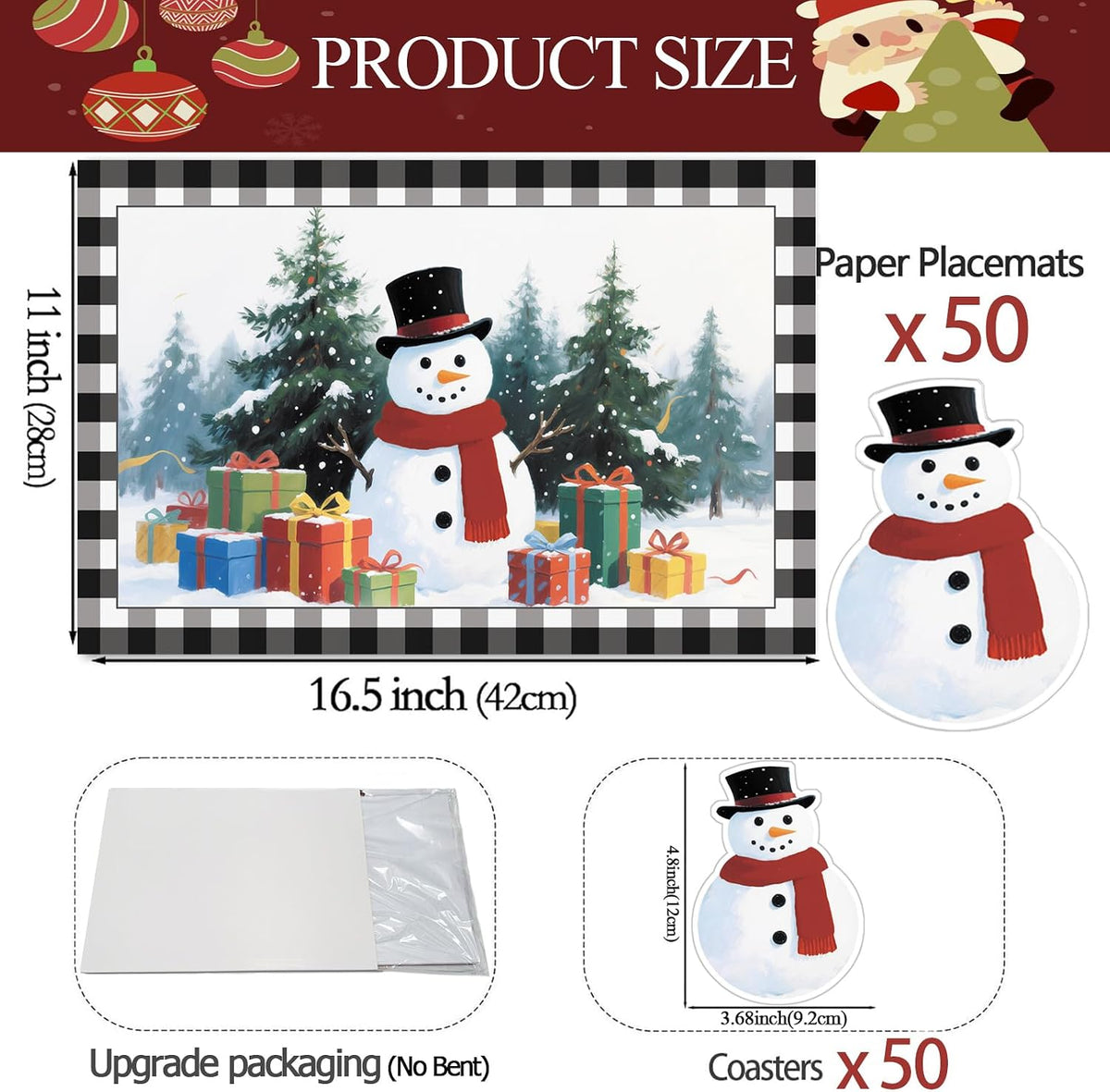 50 Pcs Christmas Paper Placemats, Christmas Tree Snowman Disposable Paper Place Mats with Coasters - 11 x 16.5 Inch Xmas Placemats Table Mats for Xmas Party Kitchen Dining Table Decor