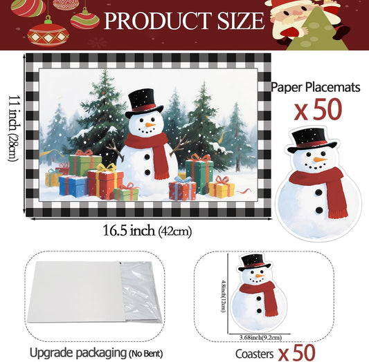 50 Pcs Christmas Paper Placemats, Christmas Tree Snowman Disposable Paper Place Mats with Coasters - 11 x 16.5 Inch Xmas Placemats Table Mats for Xmas Party Kitchen Dining Table Decor
