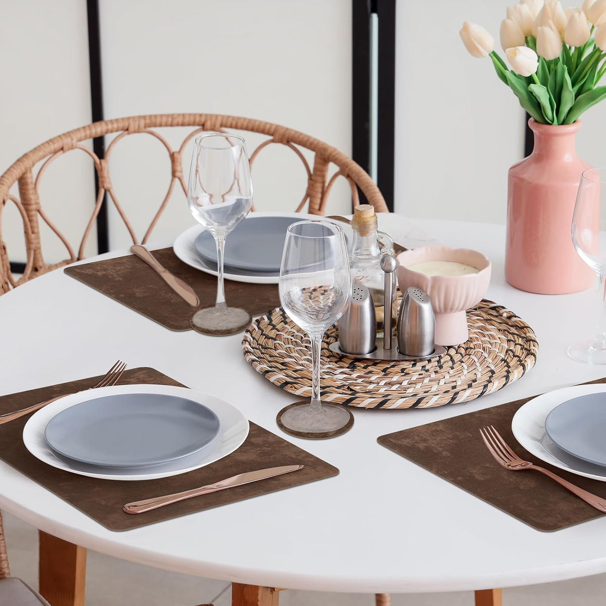 comfoyar Faux Leather Placemats with Coasters Set of 6, 12x17 Inch Heat Resistant Dual-Sided Imitation Velvet Dark Brown Place Mats, Waterproof Wipeable Table Mats for Kitchen Dining Party Decoration