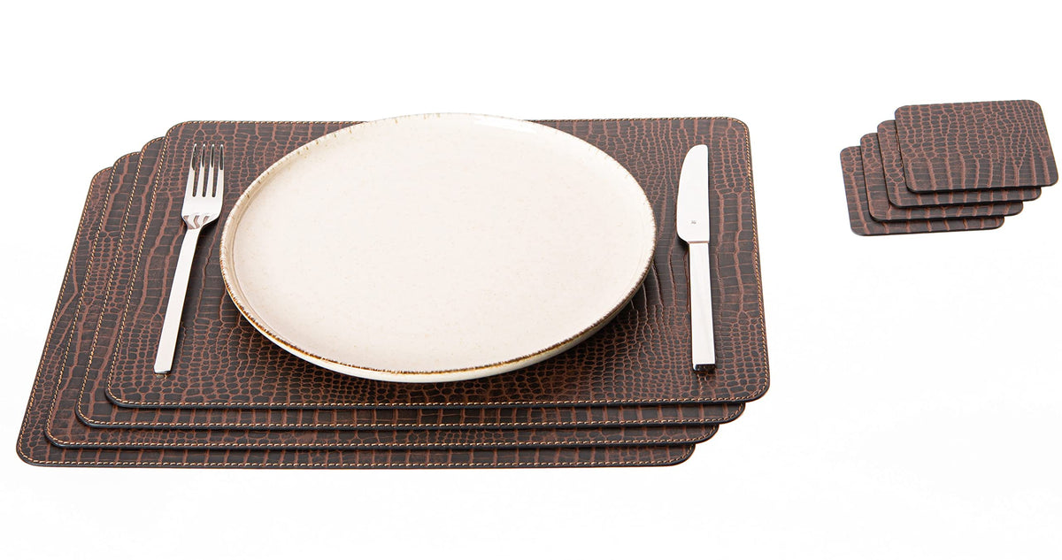 Nikalaz Set of Small Black 4 Placemats and 4 Coasters Made of Recycled Leather, Place Mats (15.7'' x 11.8'' and Coasters 3.9'' x 3.9'', Black)