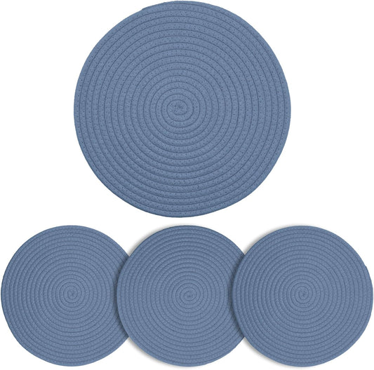 Round Woven Cotton Placemats Set of 4, Thick Braided Rope Table Mats, 13 Inches Non Slip Heat Resistant Place Mats, Farmhouse Boho Circular Hot Pads for Kitchen, Dining Table Decor (Blue 4 pcs)