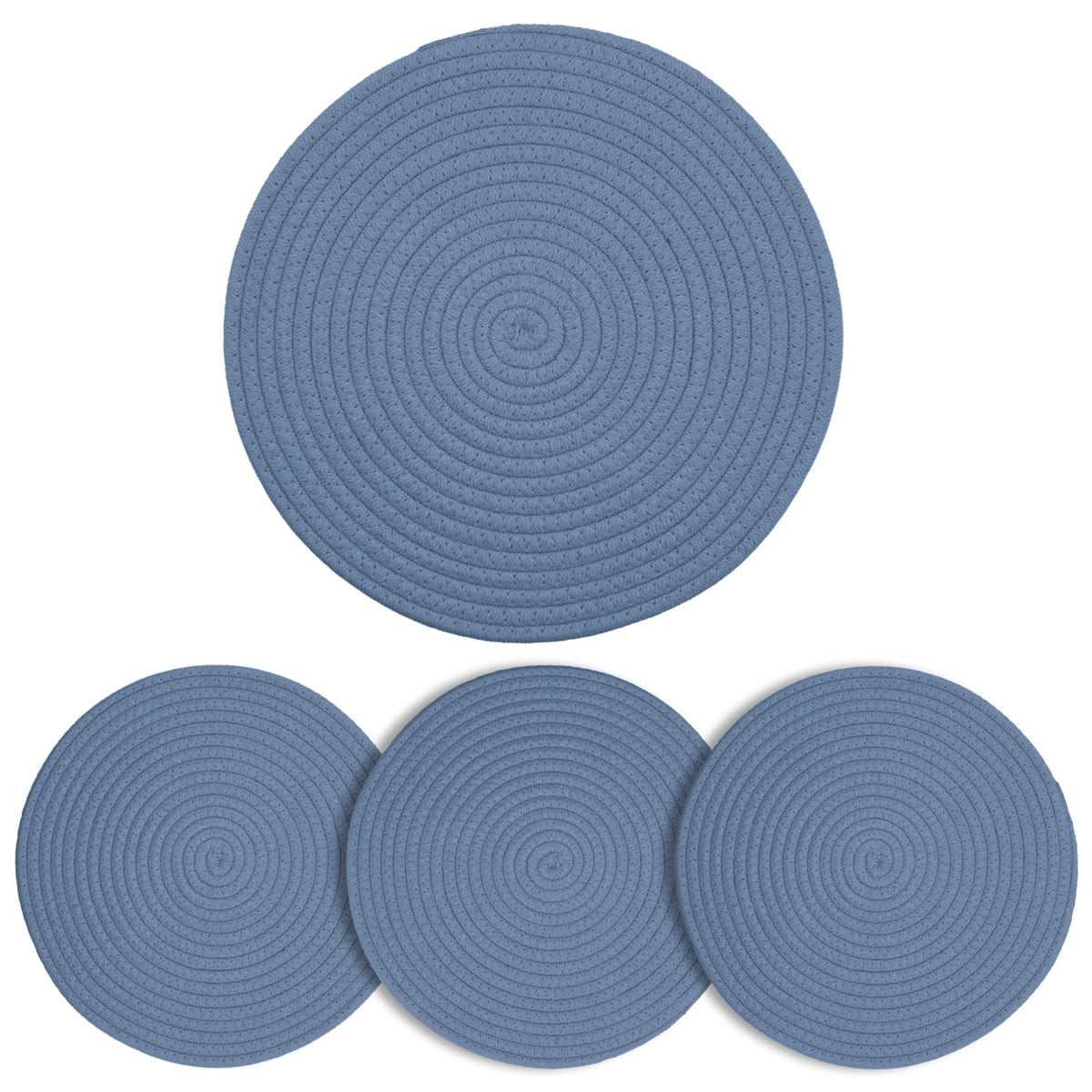 Round Woven Cotton Placemats Set of 4, Thick Braided Rope Table Mats, 13 Inches Non Slip Heat Resistant Place Mats, Farmhouse Boho Circular Hot Pads for Kitchen, Dining Table Decor (Blue 4 pcs)