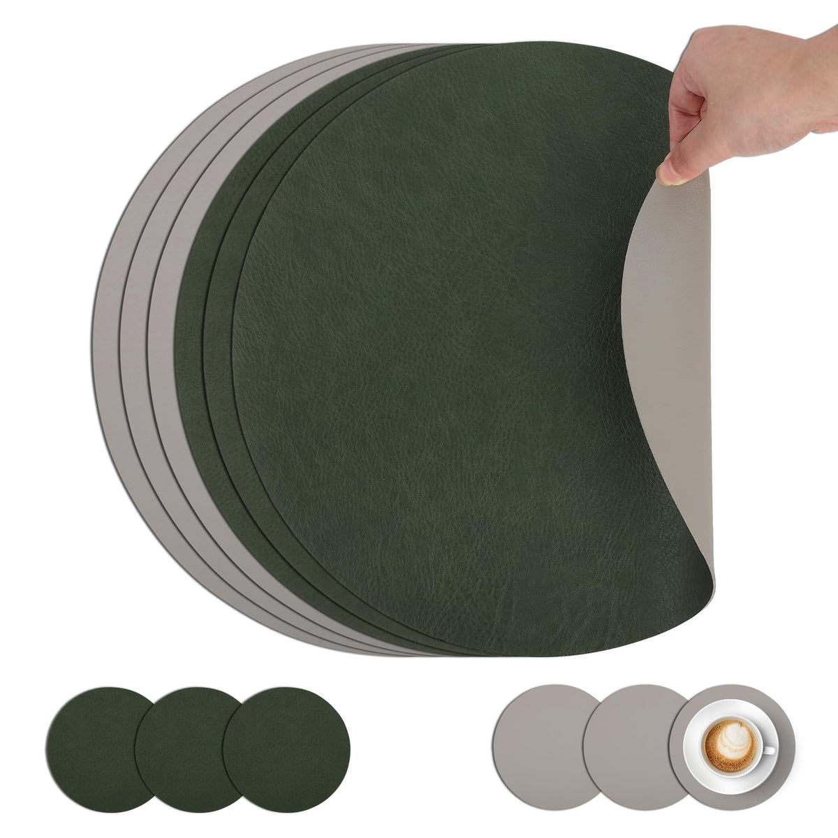 comfoyar Faux Leather Round Placemats with Coasters Set of 6, 13Inch Heat Resistant Dual-Sided Dark Brown Place Mats, Waterproof Washable Wipeable Table Mats for Kitchen Dining Party Table Decoration