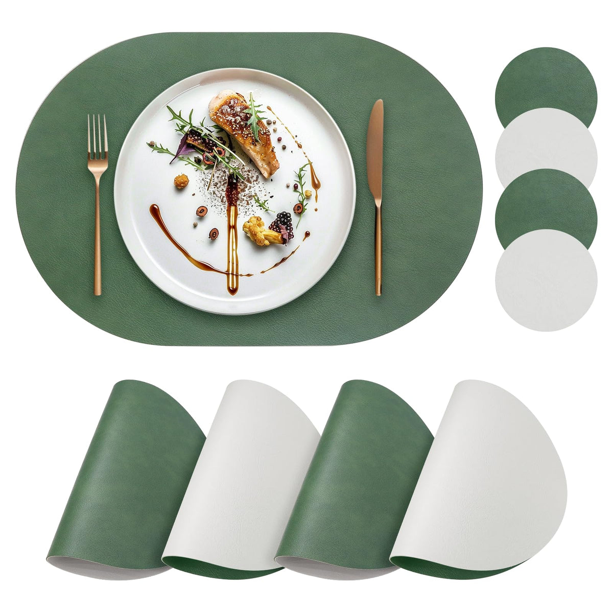 Faux Leather Placemats Set of 4 with Matching Coasters, Heat Resistant PU Oval Placemats, Waterproof Wipeable Washable Place Mats, Non-Slip Table Placemats for Dining Table Kitchen Patio