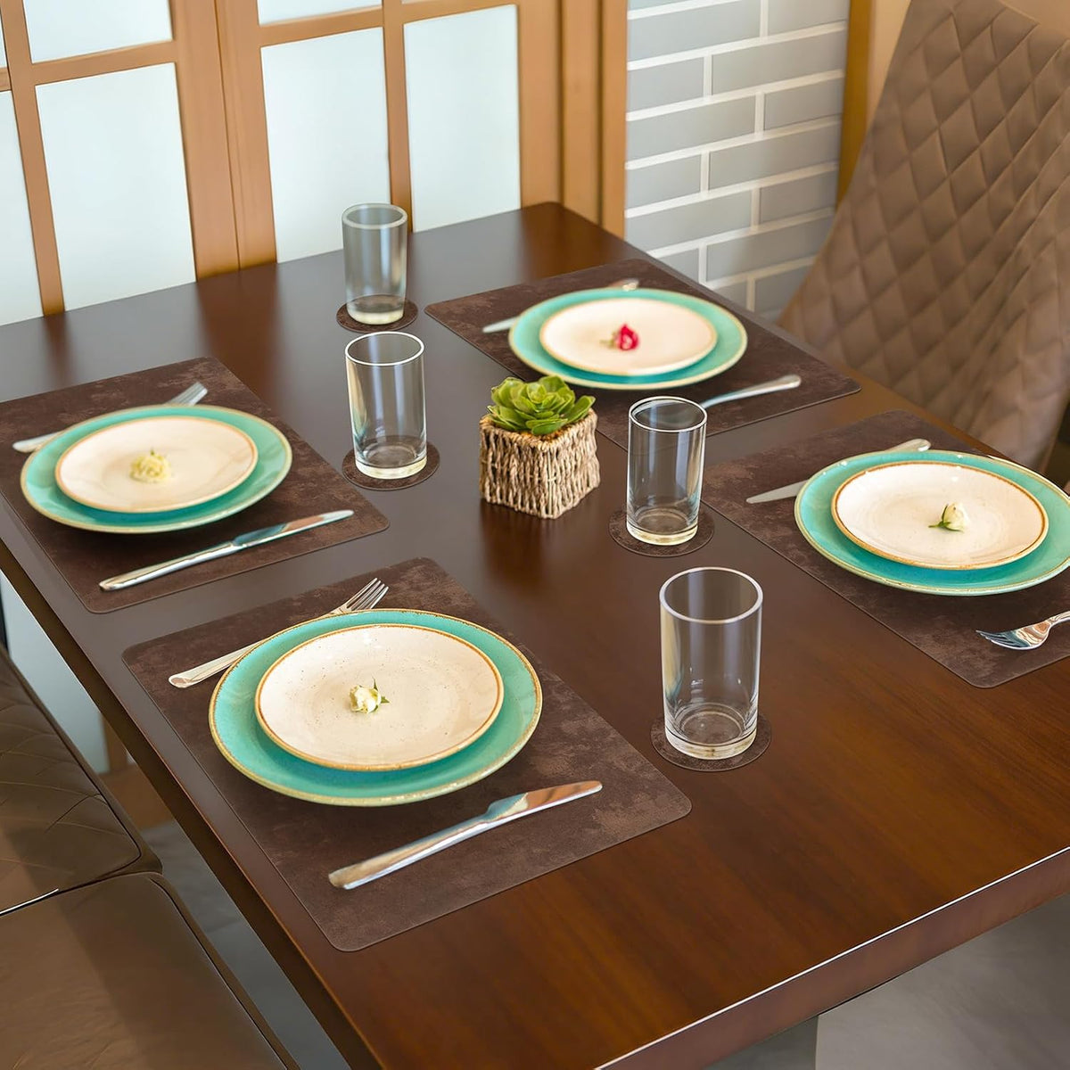 comfoyar Faux Leather Placemats with Coasters Set of 6, 12x17 Inch Heat Resistant Dual-Sided Imitation Velvet Dark Brown Place Mats, Waterproof Wipeable Table Mats for Kitchen Dining Party Decoration
