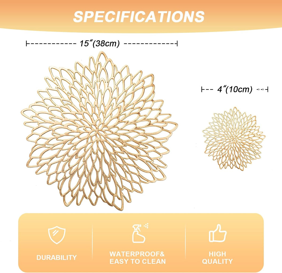 Gold Placemats Set of 8 Table Mats Gold Charger Plates Place Mats & 8 Pcs Coasters Wipeable Modern Holiday Round Placemats for Christmas Thanksgiving Farmhouse Wedding Dining Table Setting Decor