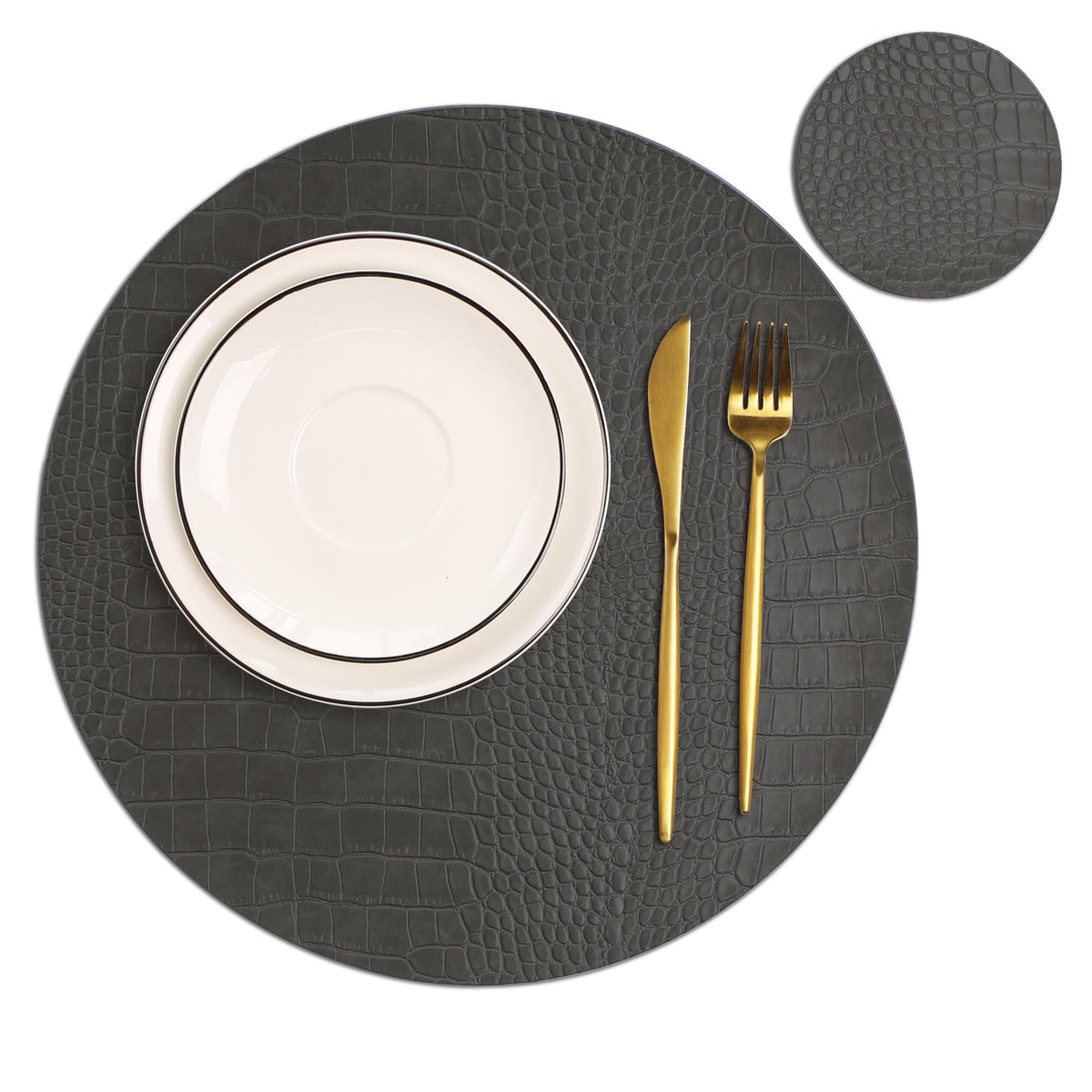 Jovono Round Leather Placemats for Round Tables Set of 4, Brown Place Mats and Coasters, Wipeable Waterproof Heat Resistant Table Mats Easy to Care for Indoor Decor 13 inch Diameter