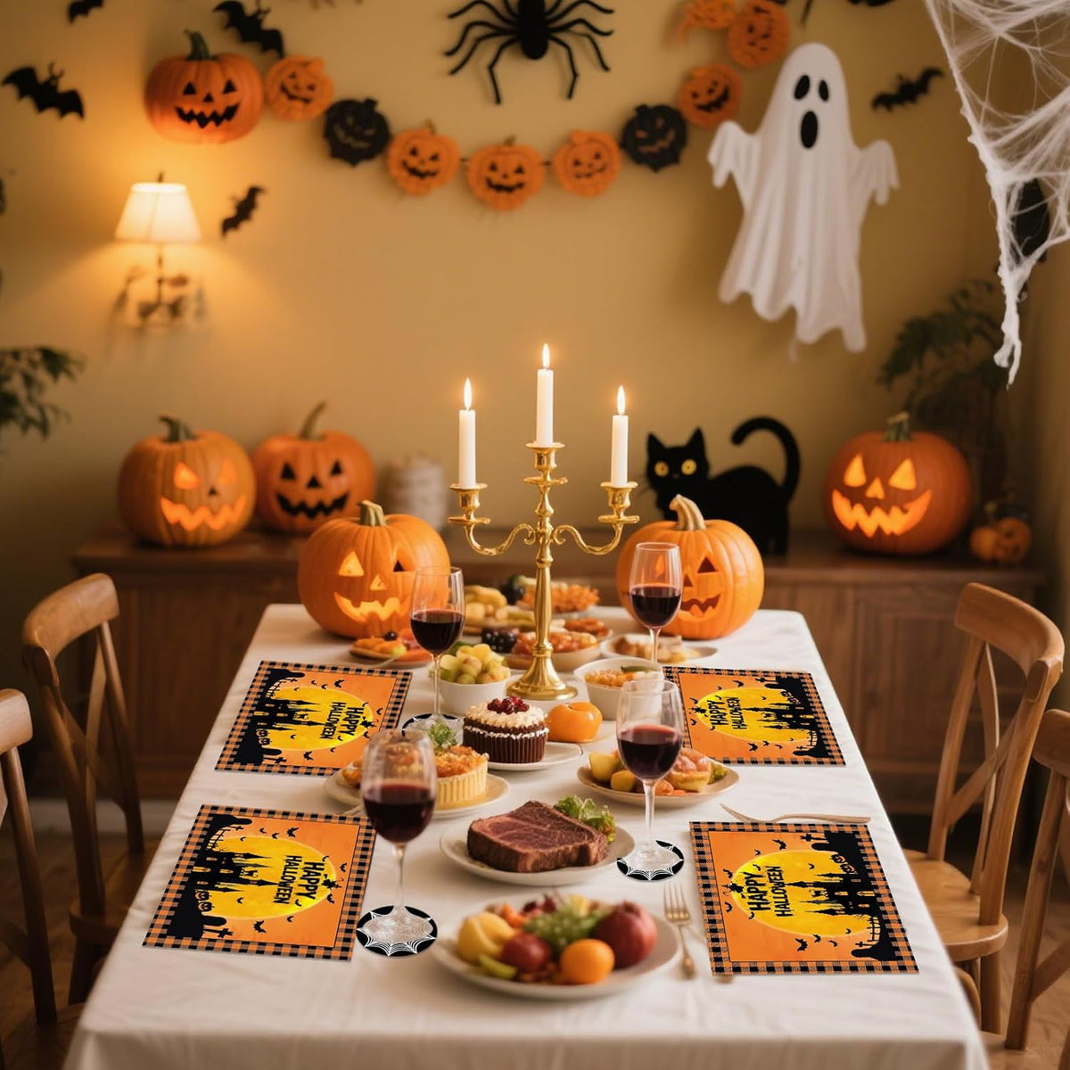 50Pcs Halloween Paper Placemats, Ghost Bat Pumpkin Disposable Placemats with Coasters - 11 x 16 Inch Halloween Place Mats Table Mats Decoration for Party Kitchen Dining Table Decor