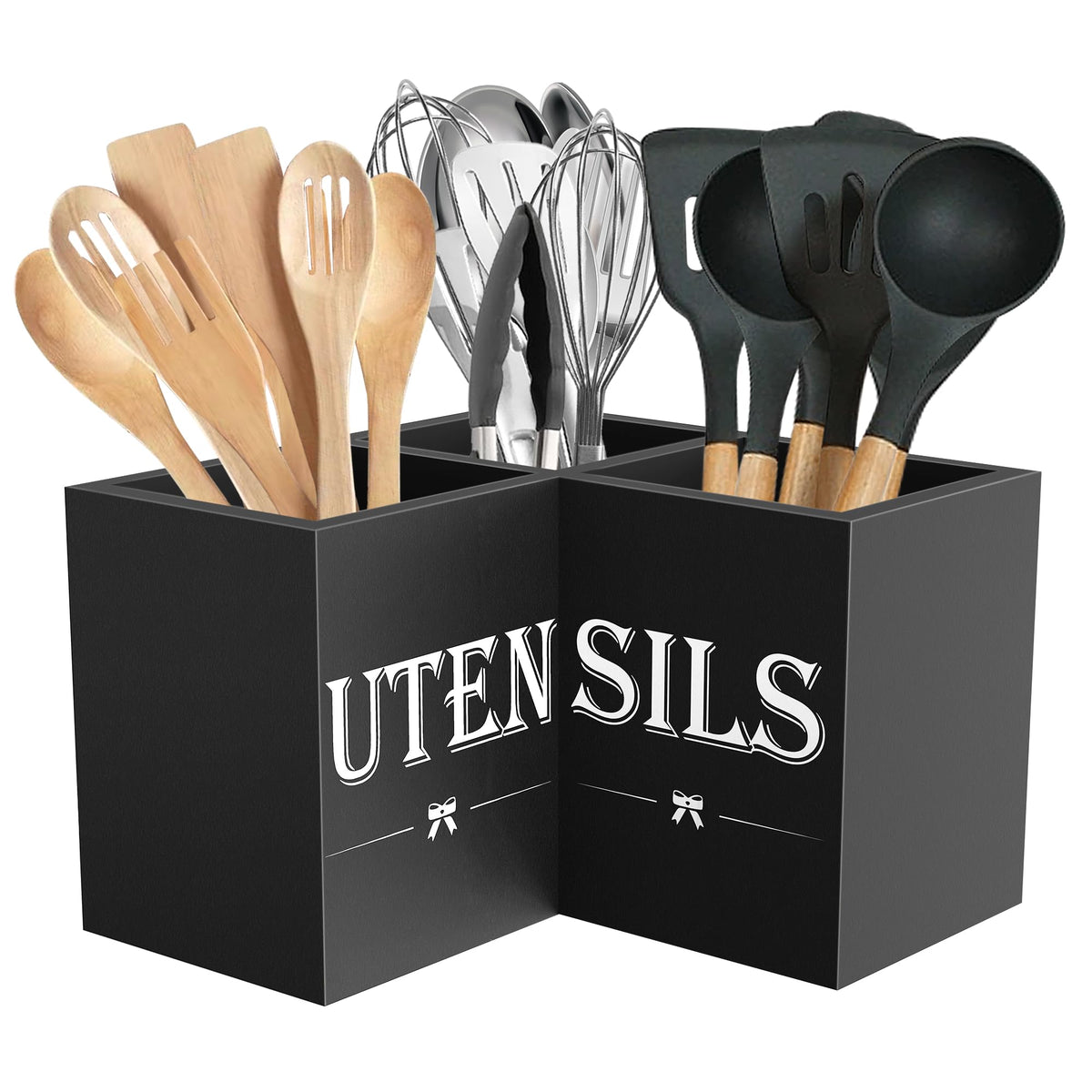 Suli Extra Large Utensil Holder Countertop for Kitchen Counter,Wood,Black