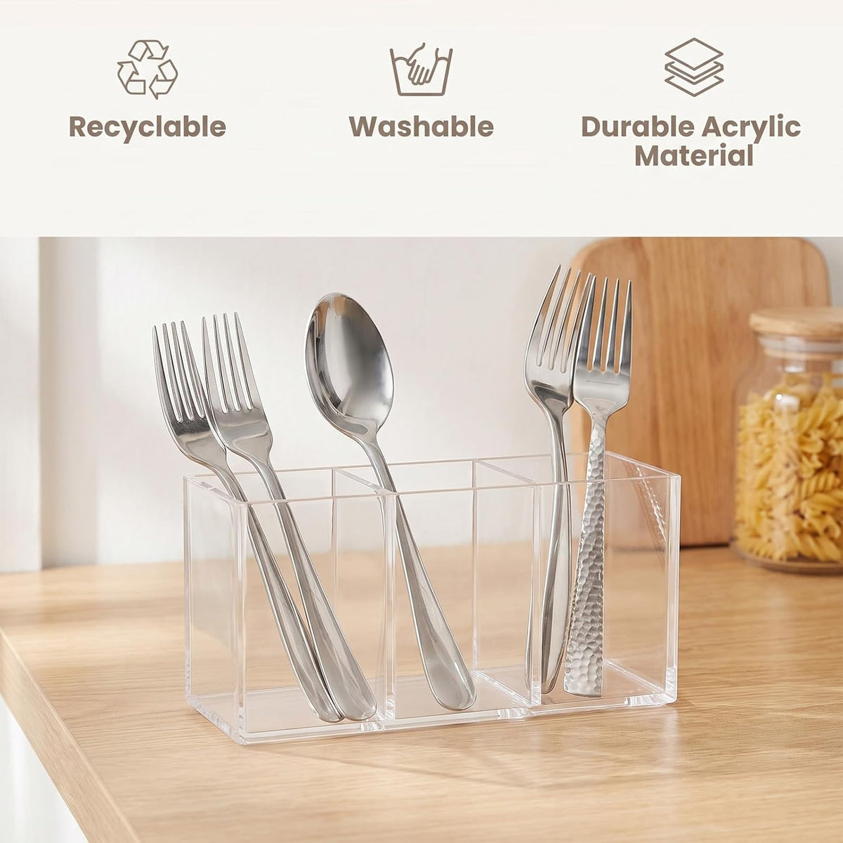 3 Section Utensil Holder for Party, Acrylic Clear Plastic Cutlery Organizer
