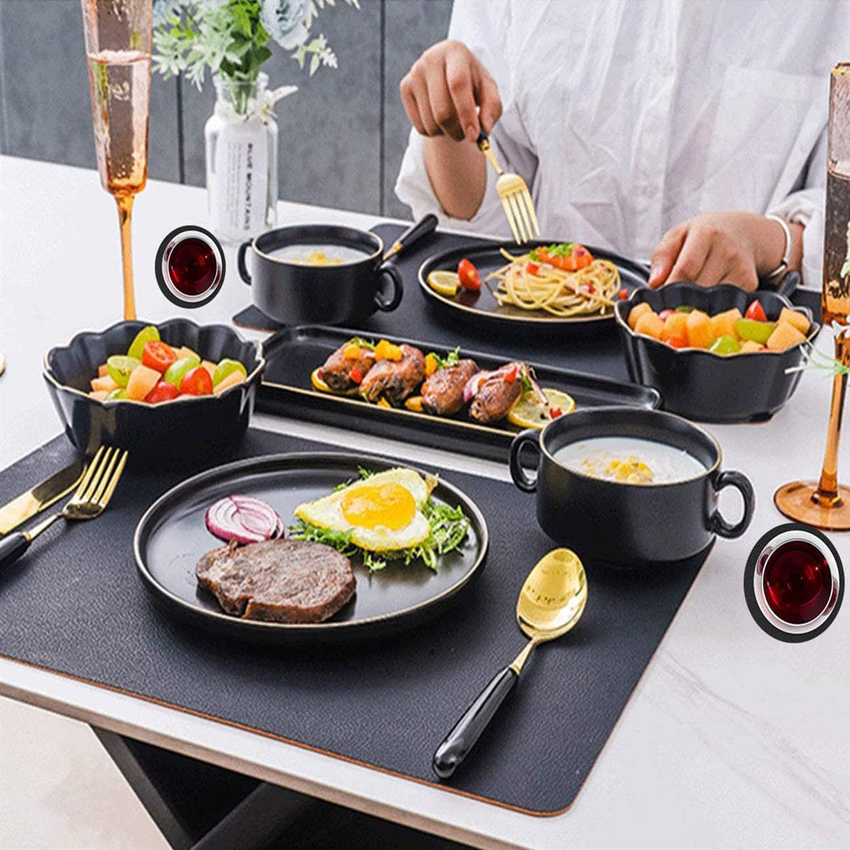 Placemats Set of 6, Leather Placemat with Coasters, Waterproof, Stain Resistant, Heat Resistant, Washable Wipeable, PU Table Mats for Kitchen Dining Table and Decor (Black Rectangle A, 6pcs)