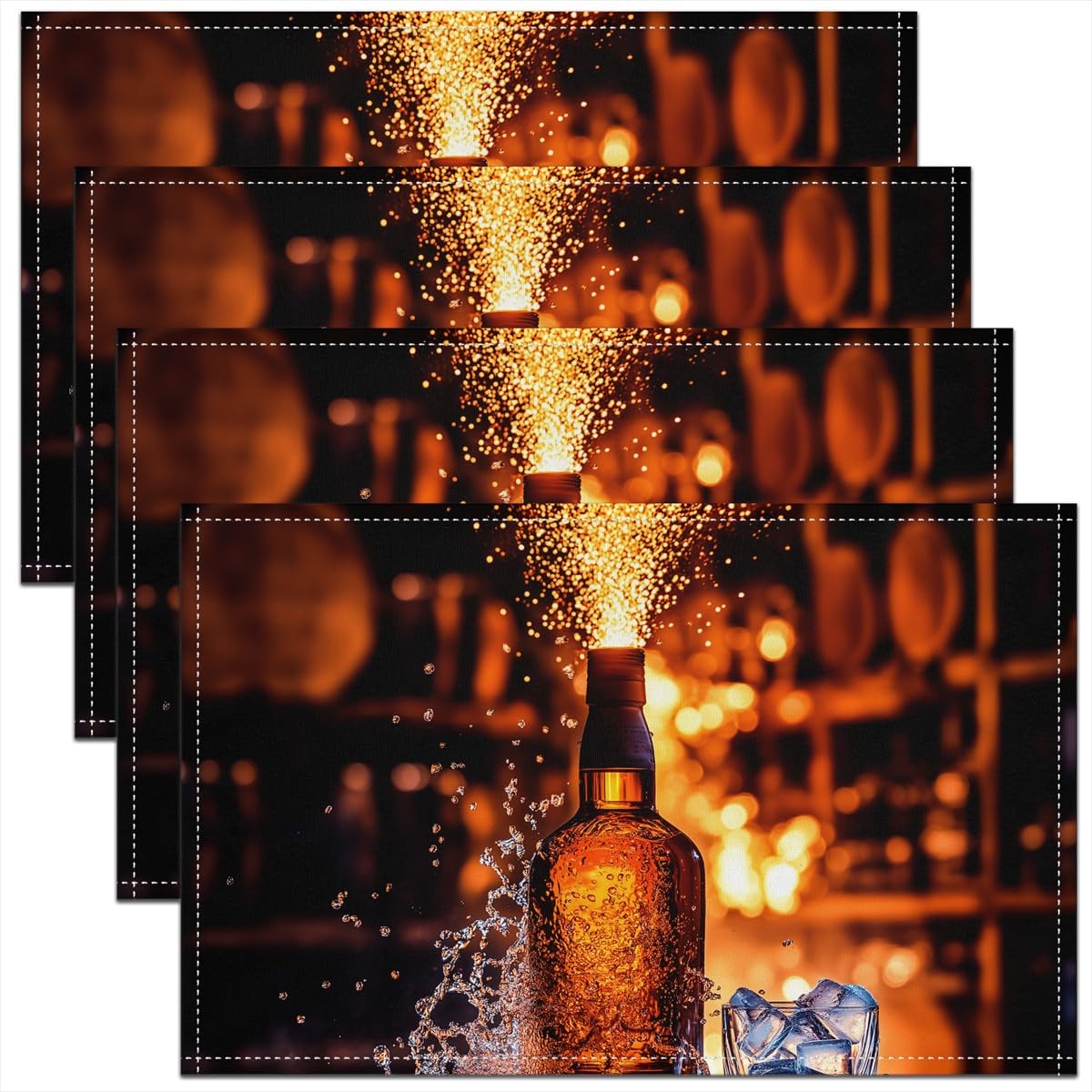 Whisky Placemats for Dining Table,Bar Wine Time Whisky Ice Glass Waterproof Table Place Mat for Party Decor,Rustic Brown Wooden Plank Retro Farmhouse 12"x18" Indoor Table Mats Set of 4