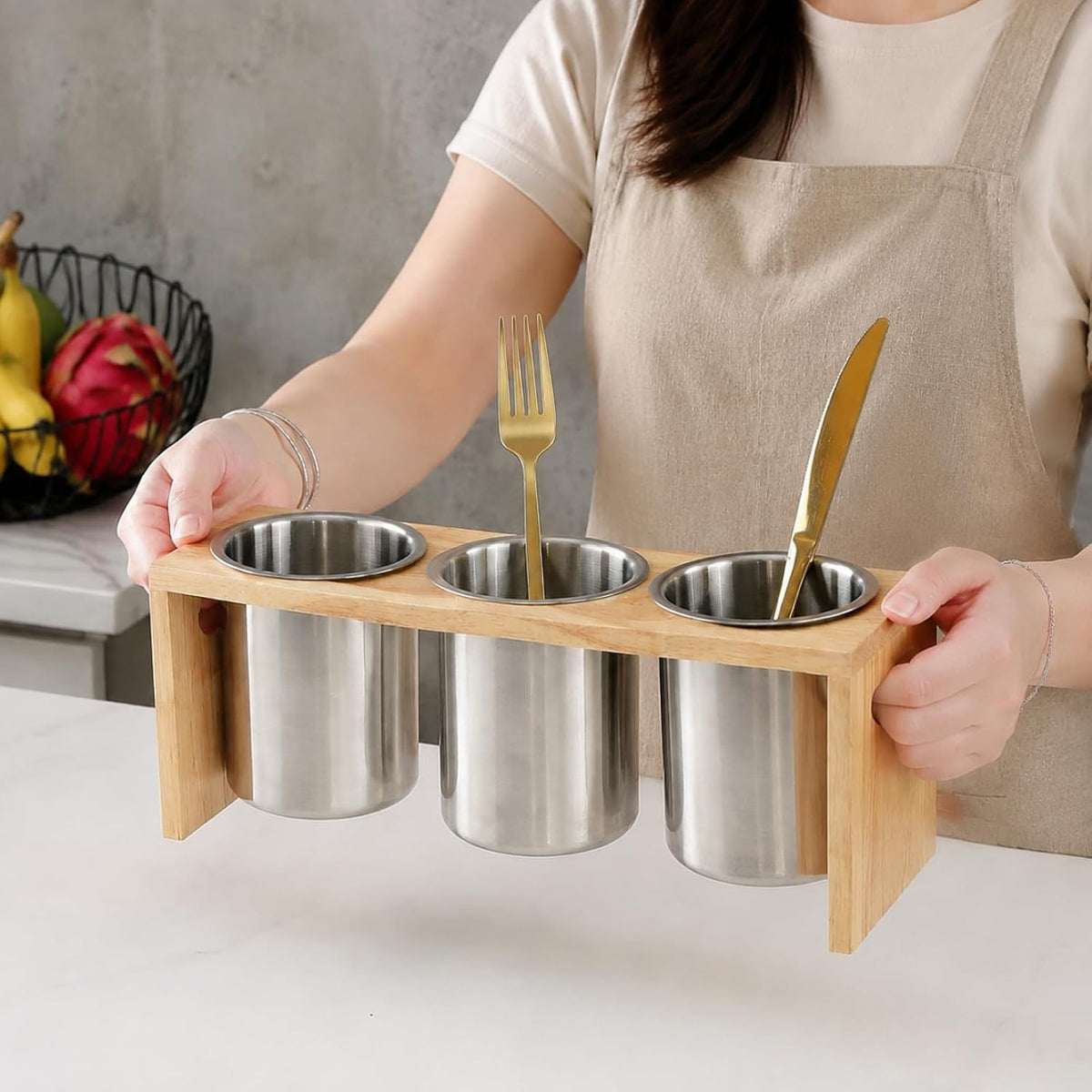 ZOOFOX Silverware Holder for Countertop, Wood Stainless Utensil Caddy