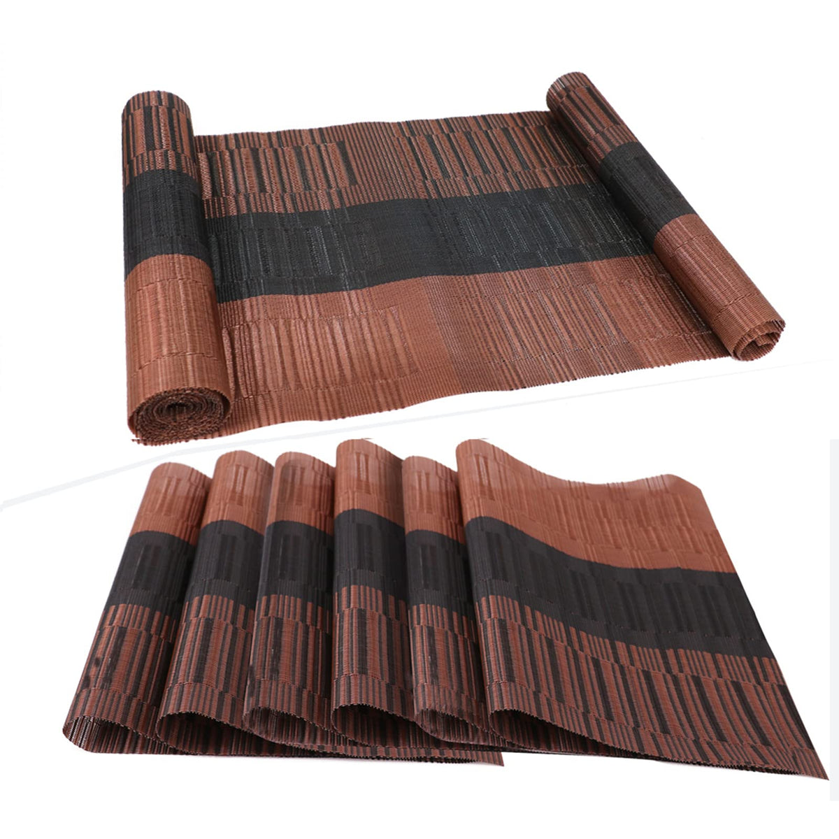 Placemats, Washable PVC Table Mats, Woven Vinyl Placemat for Dining Table Place Mats Set (6 Placemats and 1 Table Runner, Black and Grey)