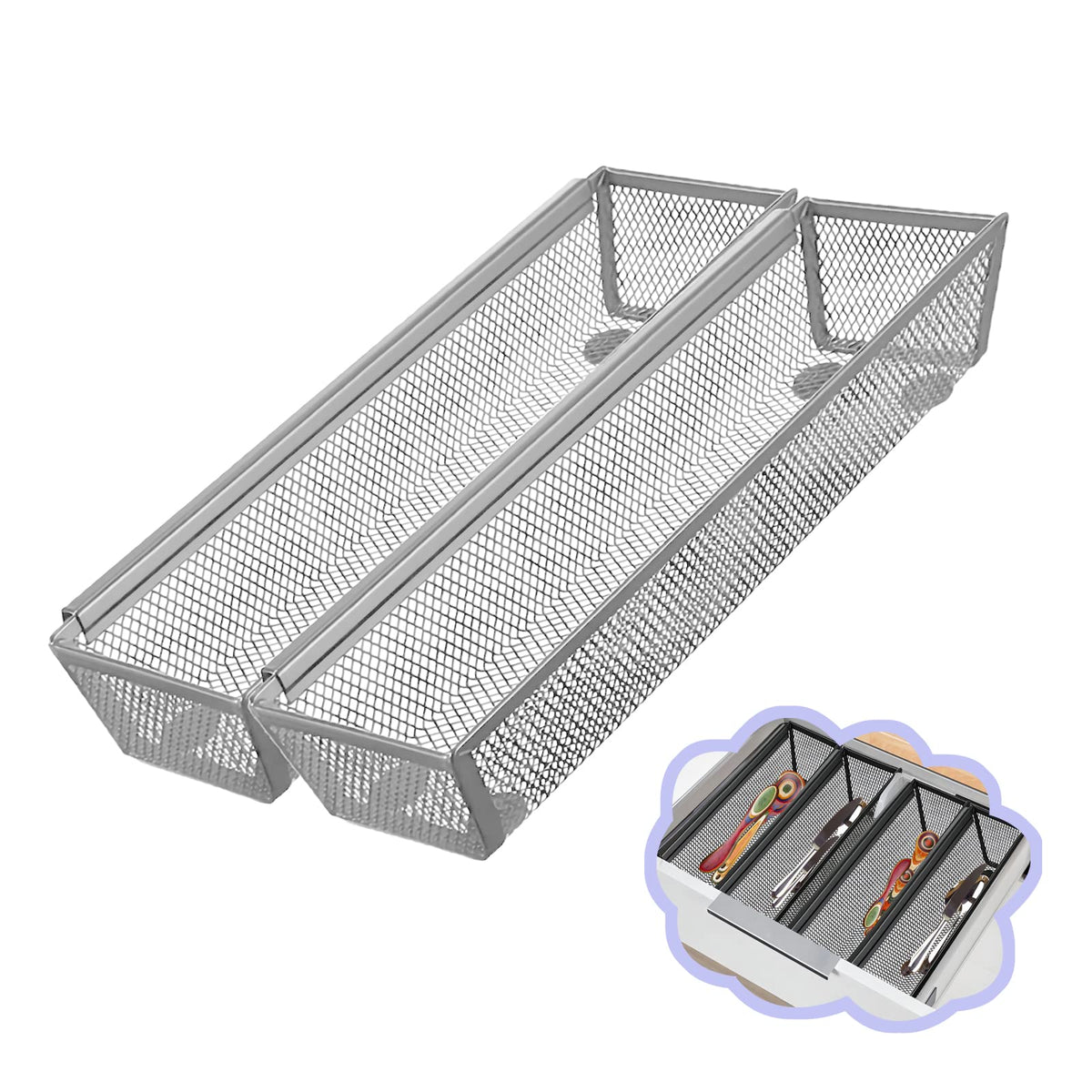 2PCS Utensil Drawer Organizer for Kitchen, Mesh silverware drawer organizer