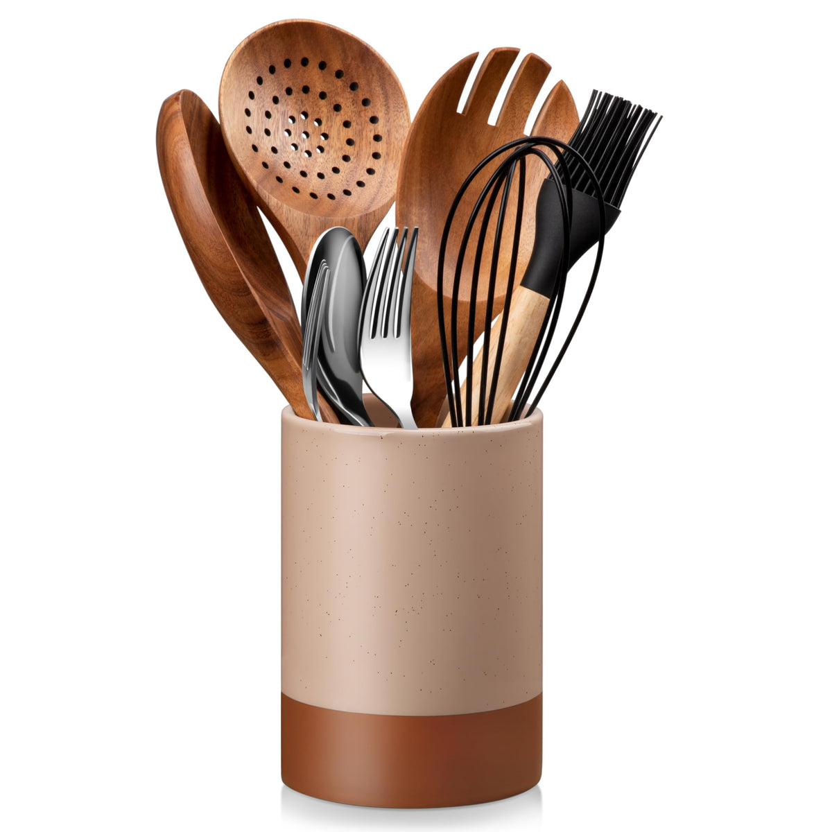 MALACASA Utensil Holder, 7.3"+5.5" Ceramic Kitchen Utensil Holder for Countertop, Large Cooking Utensil Crocks for Kitchen Counter, Farmhouse Utensils Organizer, Set of 2, Khaki White, Series TARA