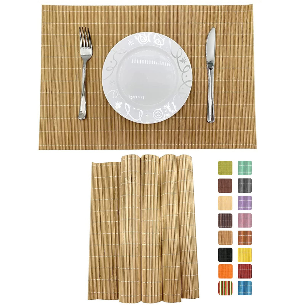 Non-Slip Bamboo Placemats Set of 6, 17.7x11.8 Inch - Heat Resistant & Easy-Clean, Natural Woven Table Mats for Daily Dining, Family Meals or Home Decor (Brown)