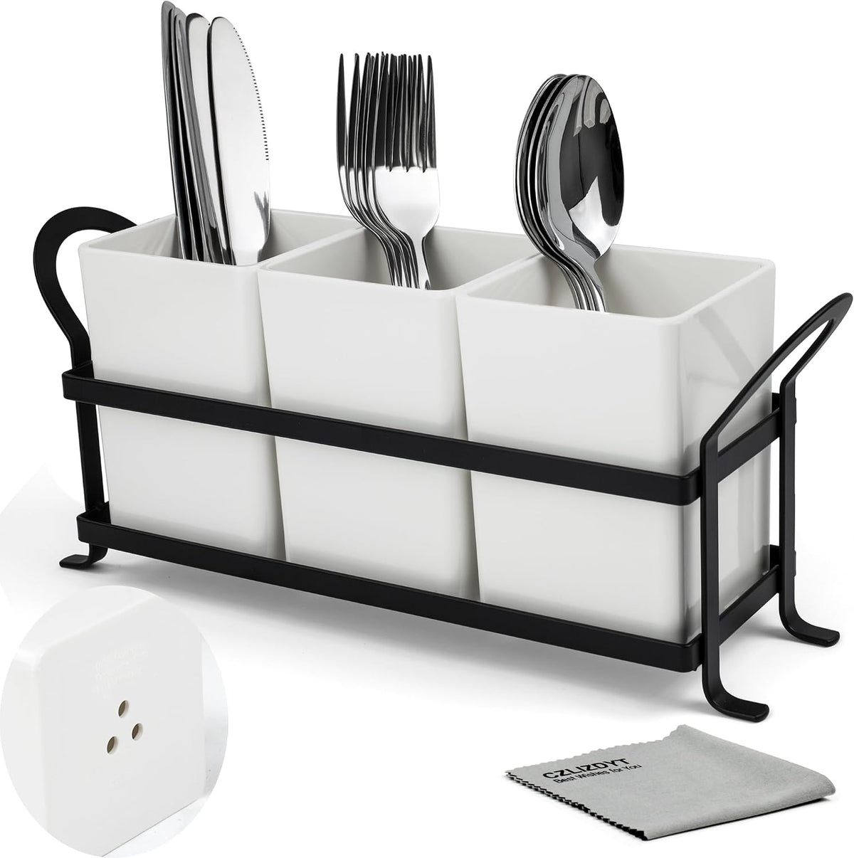 Czlizdyt Cutlery Holder with Drain Holes, Silverware Caddy for Party Countertop, 3pcs Bins Set Utensil Holders for Spoon and Fork, White