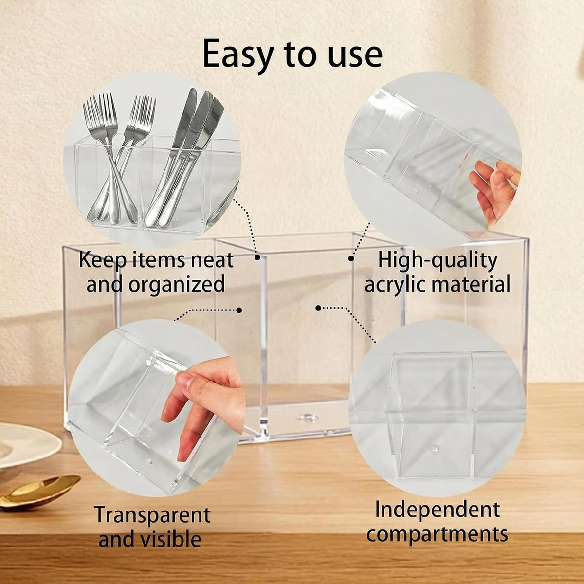 3 Section Acrylic Cutlery Organizer Countertop Utensil Holder