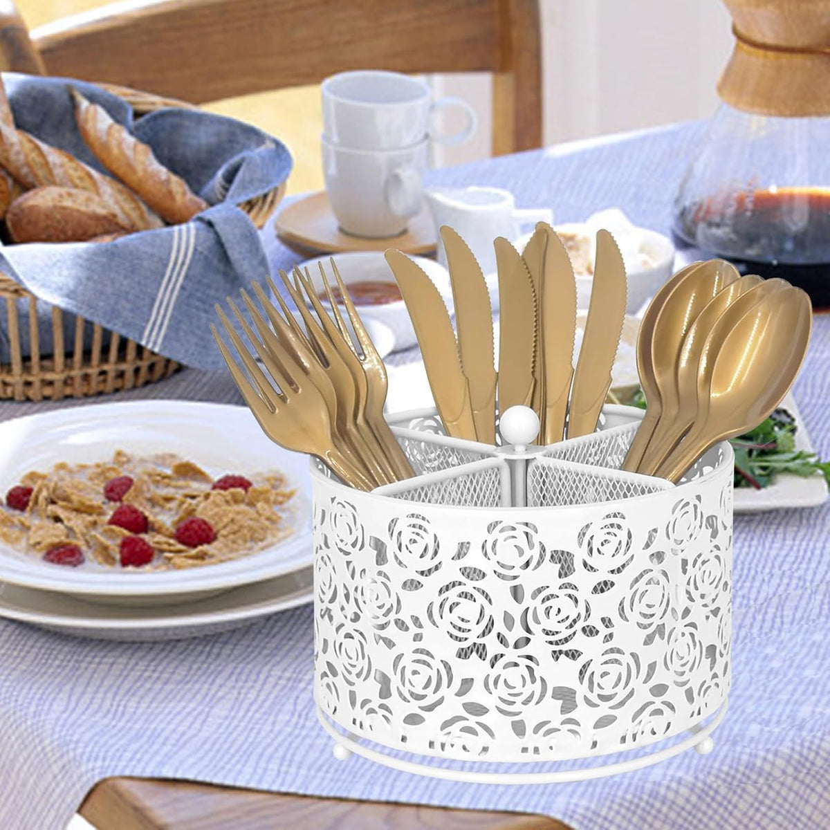 DysanVica Rotating Metal Silverware Caddy - Utensil Holder Countertop White