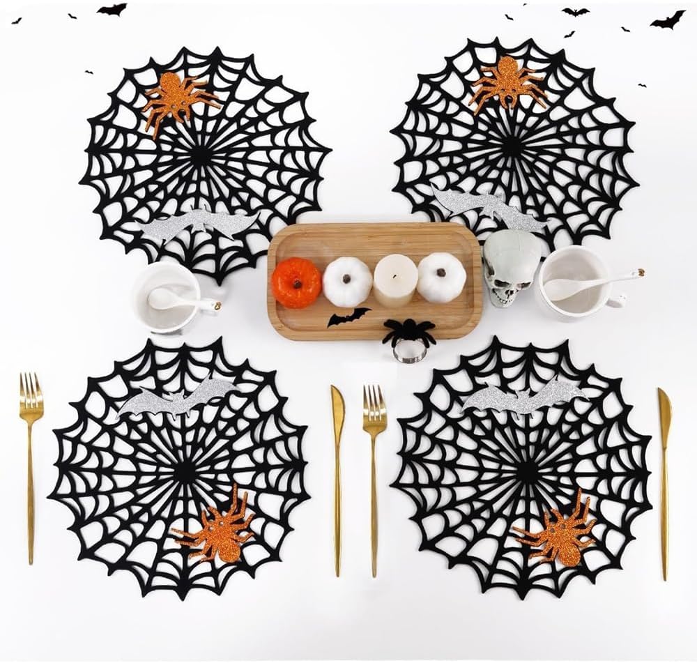 Halloween Spider Web Placemats Heat Insulated Place Mats Hollow Out Black Spiderweb Coasters Placemat for Dining Table Decoration Party Supplies Decor, 4 Pcs